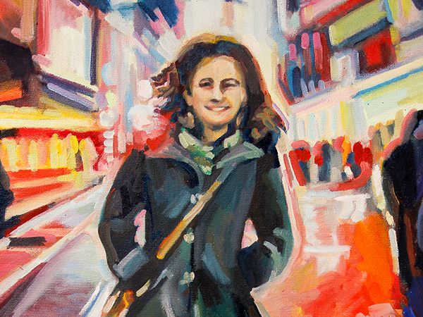 Rebecca wears peacoat and gold boots